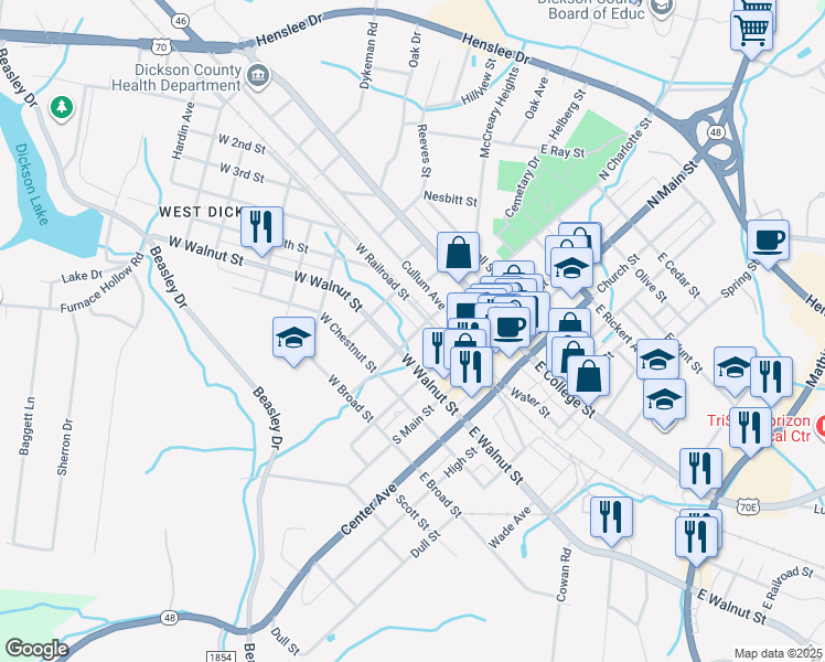 map of restaurants, bars, coffee shops, grocery stores, and more near 107 South Charlotte Street in Dickson