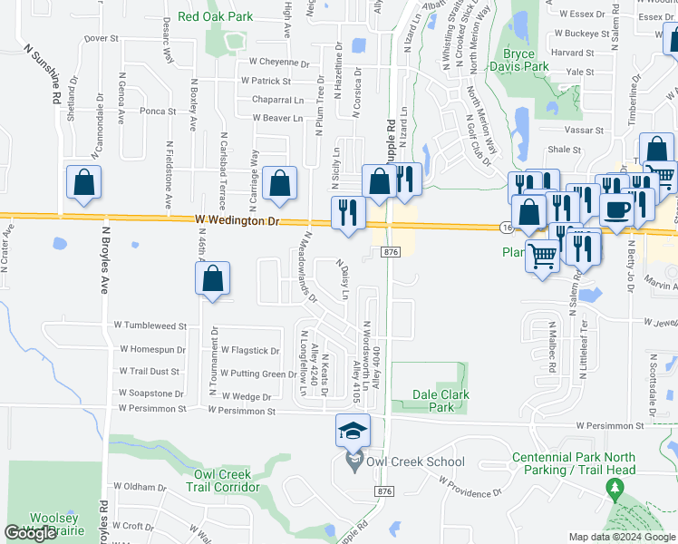 map of restaurants, bars, coffee shops, grocery stores, and more near 798 North Daisy Lane in Fayetteville