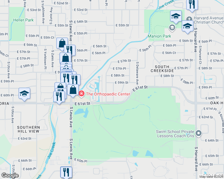 map of restaurants, bars, coffee shops, grocery stores, and more near 5934 East 87th Street in Tulsa