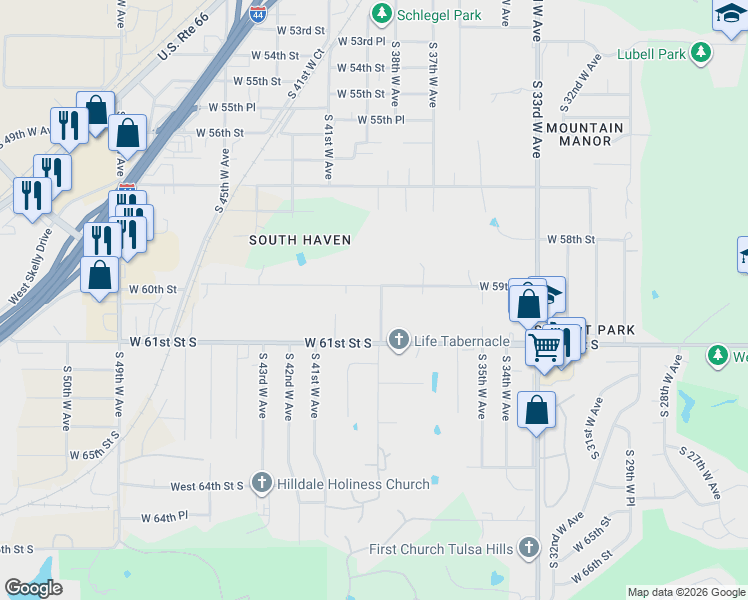 map of restaurants, bars, coffee shops, grocery stores, and more near 5921 South 39th West Avenue in Tulsa