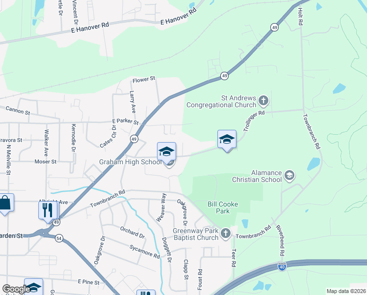 map of restaurants, bars, coffee shops, grocery stores, and more near 910 Trollinger Road in Graham