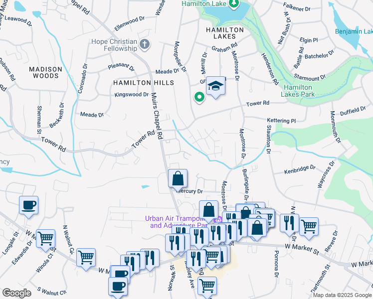 map of restaurants, bars, coffee shops, grocery stores, and more near 4716 Champion Court in Greensboro