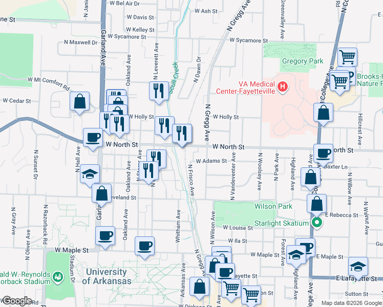 map of restaurants, bars, coffee shops, grocery stores, and more near 626 West Adams Street in Fayetteville