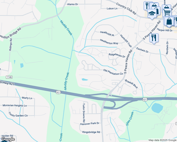 map of restaurants, bars, coffee shops, grocery stores, and more near 5232 Old Plantation Circle in Winston-Salem