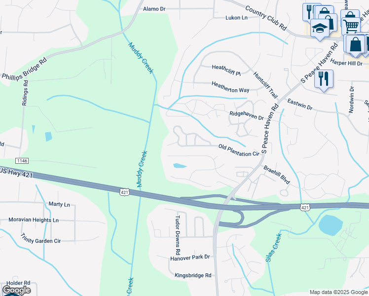 map of restaurants, bars, coffee shops, grocery stores, and more near 5236 Old Plantation Circle in Winston-Salem