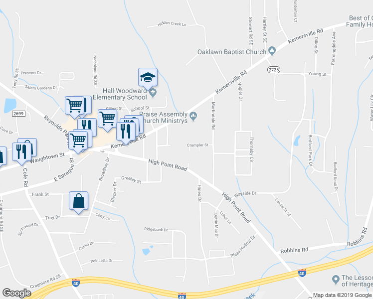 map of restaurants, bars, coffee shops, grocery stores, and more near 210 Madi Court in Winston-Salem