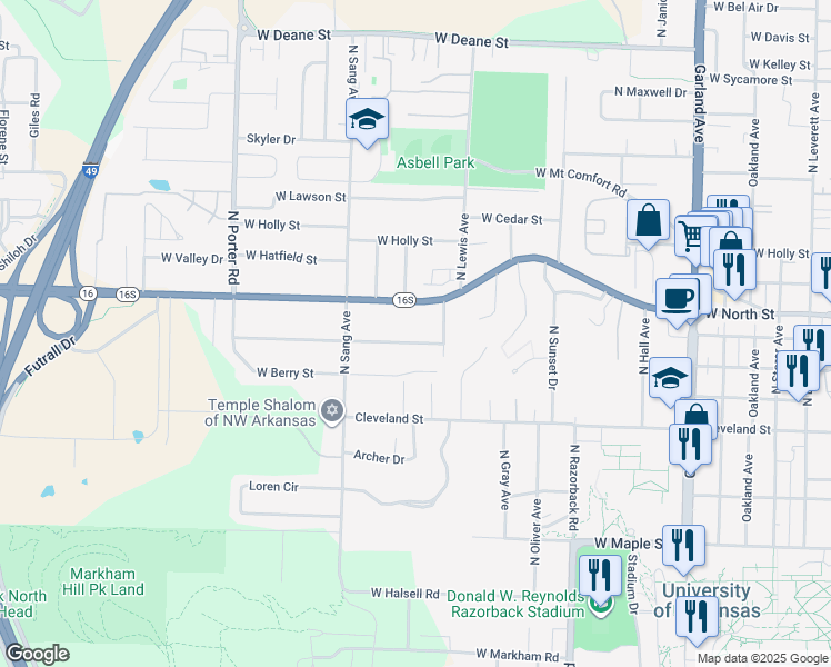 map of restaurants, bars, coffee shops, grocery stores, and more near 1915 West Ora Drive in Fayetteville