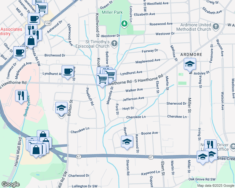 map of restaurants, bars, coffee shops, grocery stores, and more near 2508 Walker Avenue in Winston-Salem