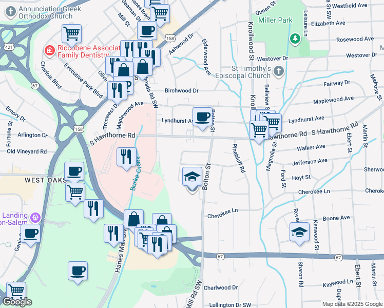 map of restaurants, bars, coffee shops, grocery stores, and more near 2824 Hermitage Drive in Winston-Salem