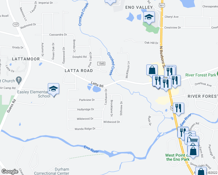 map of restaurants, bars, coffee shops, grocery stores, and more near 237 Latta Road in Durham