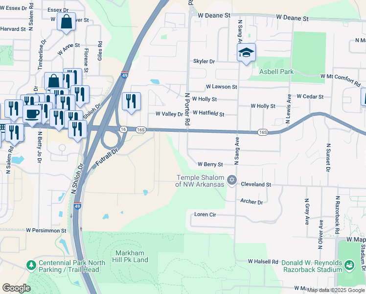 map of restaurants, bars, coffee shops, grocery stores, and more near 958 North Lancelot Avenue in Fayetteville