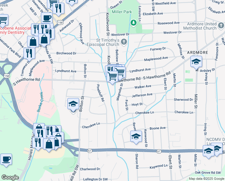 map of restaurants, bars, coffee shops, grocery stores, and more near 1415 South Hawthorne Road in Winston-Salem