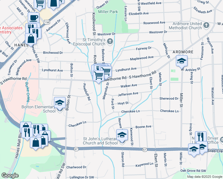 map of restaurants, bars, coffee shops, grocery stores, and more near 2512 Walker Avenue in Winston-Salem