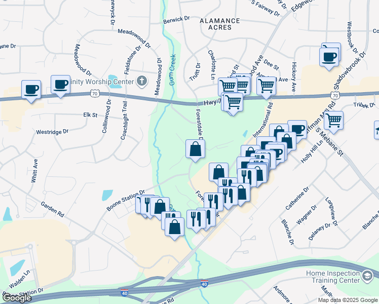 map of restaurants, bars, coffee shops, grocery stores, and more near 3473 Forestdale Drive in Burlington