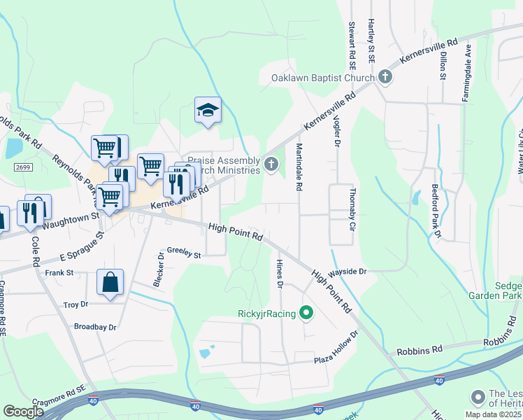 map of restaurants, bars, coffee shops, grocery stores, and more near 210 Madi Court in Winston-Salem
