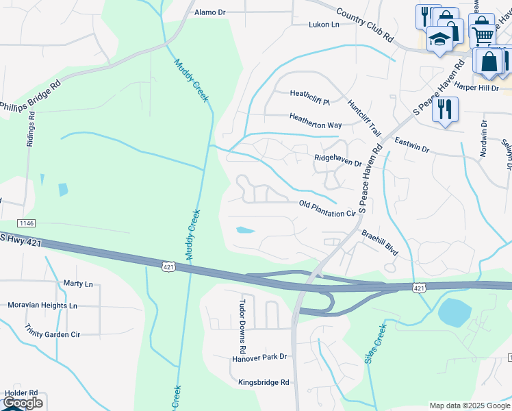 map of restaurants, bars, coffee shops, grocery stores, and more near 5232 Old Plantation Circle in Winston-Salem