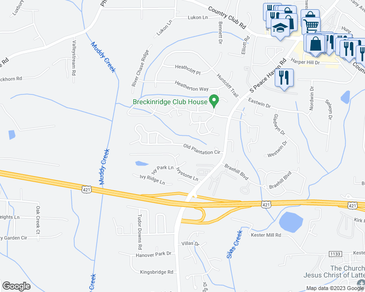 map of restaurants, bars, coffee shops, grocery stores, and more near 5160 Old Plantation Circle in Winston-Salem