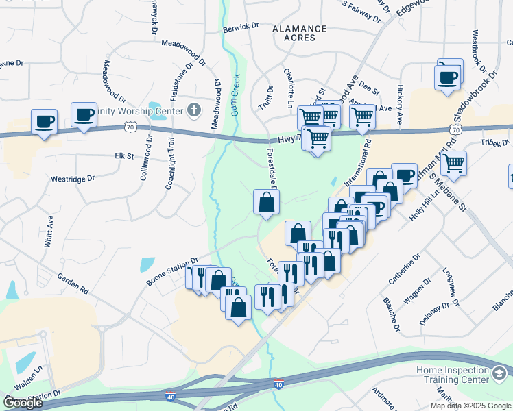 map of restaurants, bars, coffee shops, grocery stores, and more near 3473-3489 Forestdale Drive in Burlington