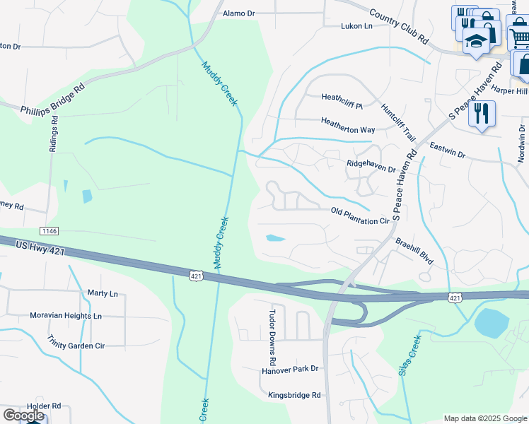 map of restaurants, bars, coffee shops, grocery stores, and more near 120 Old Plantation Court in Winston-Salem