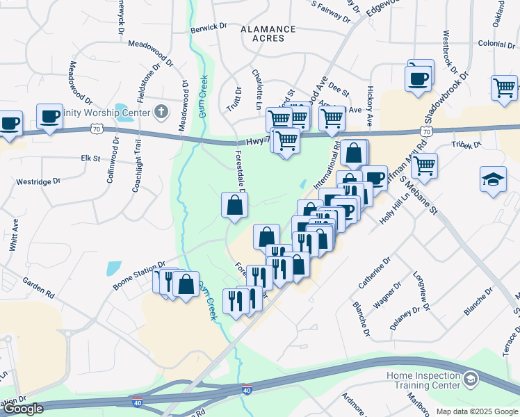 map of restaurants, bars, coffee shops, grocery stores, and more near 1011 Dorsey Drive in Burlington