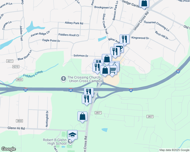 map of restaurants, bars, coffee shops, grocery stores, and more near 1698 Pecan Lane in Kernersville