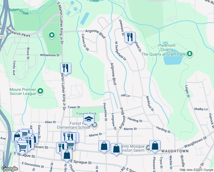map of restaurants, bars, coffee shops, grocery stores, and more near 1532 Longview Drive in Winston-Salem