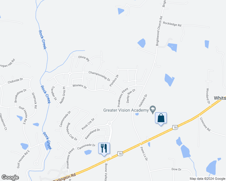 map of restaurants, bars, coffee shops, grocery stores, and more near 6825 Winners Drive in Whitsett