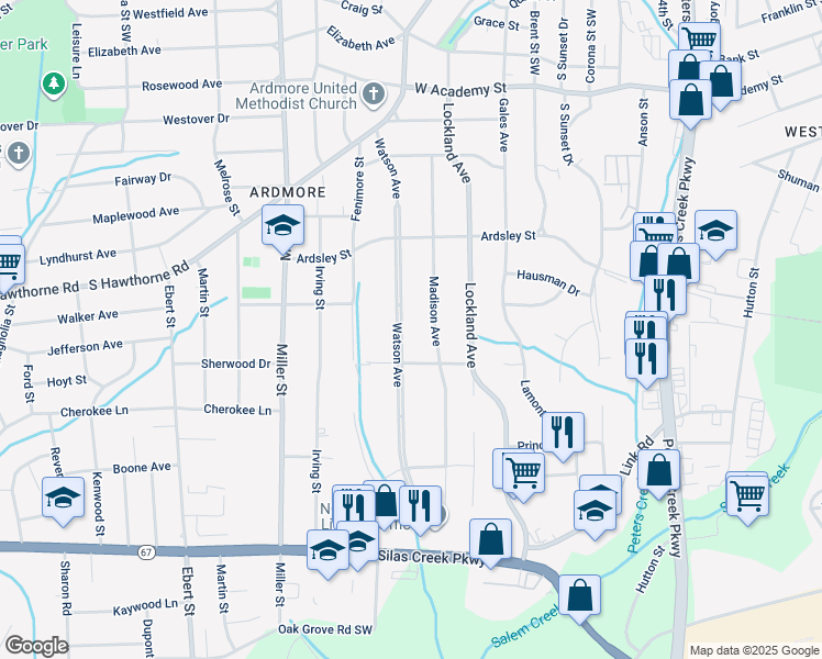 map of restaurants, bars, coffee shops, grocery stores, and more near 1030 Madison Avenue in Winston-Salem