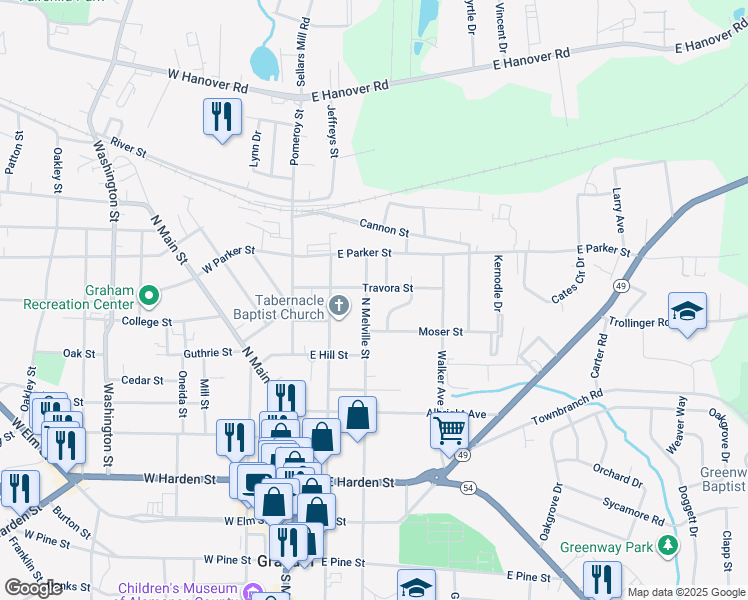 map of restaurants, bars, coffee shops, grocery stores, and more near 529 North Melville Street in Graham