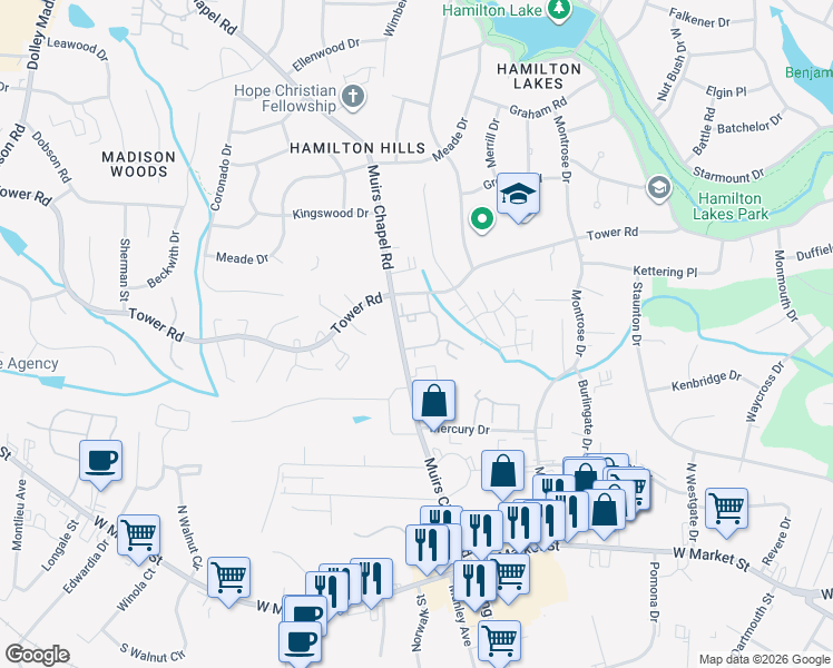 map of restaurants, bars, coffee shops, grocery stores, and more near 4757 Champion Court in Greensboro