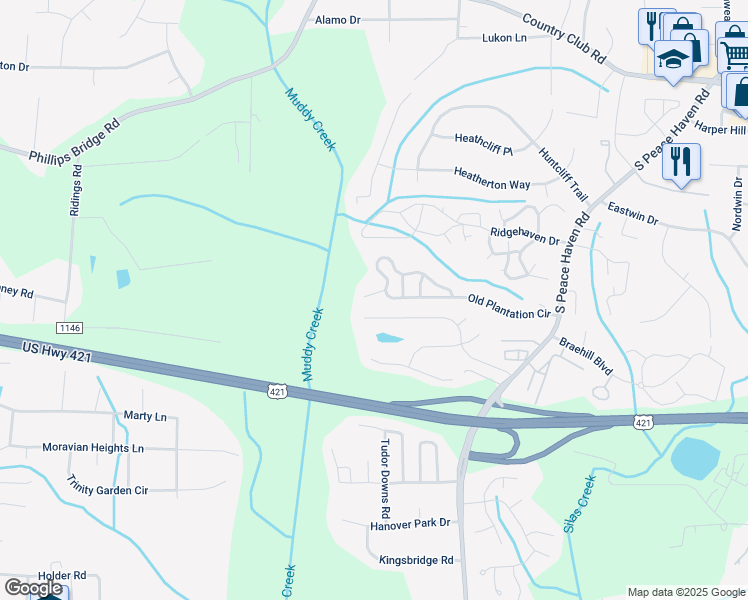 map of restaurants, bars, coffee shops, grocery stores, and more near 120 Old Plantation Court in Winston-Salem