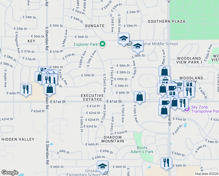 map of restaurants, bars, coffee shops, grocery stores, and more near 5944 South 73rd East Avenue in Tulsa