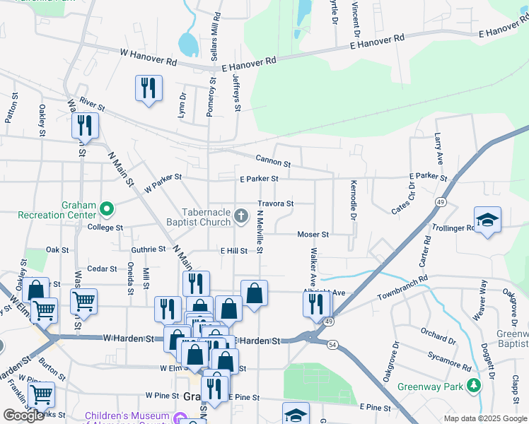 map of restaurants, bars, coffee shops, grocery stores, and more near 529 North Melville Street in Graham