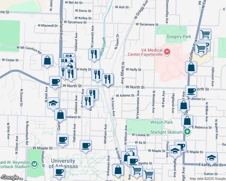 map of restaurants, bars, coffee shops, grocery stores, and more near Scull Creek Trail in Fayetteville
