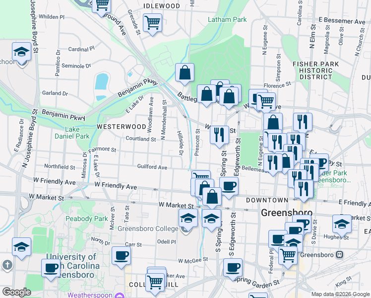 map of restaurants, bars, coffee shops, grocery stores, and more near 300 Hillside Drive in Greensboro
