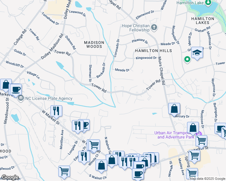 map of restaurants, bars, coffee shops, grocery stores, and more near 5003 Tower Road in Greensboro