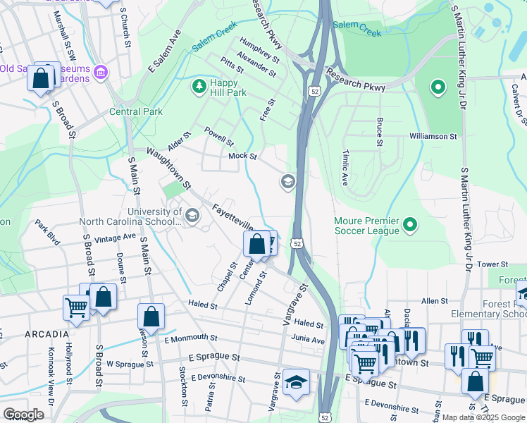 map of restaurants, bars, coffee shops, grocery stores, and more near 352 Dixie Broadway in Winston-Salem