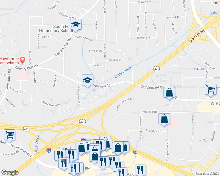 map of restaurants, bars, coffee shops, grocery stores, and more near 236 Olde Vineyard Court in Winston-Salem