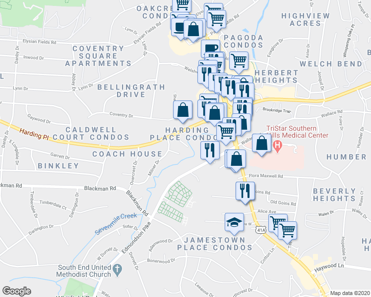 map of restaurants, bars, coffee shops, grocery stores, and more near 301 Milner Court in Nashville