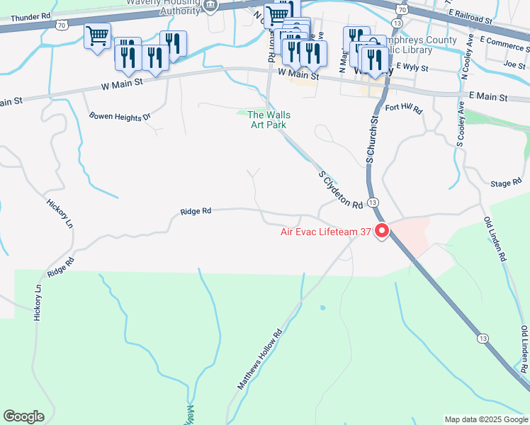 map of restaurants, bars, coffee shops, grocery stores, and more near 79 Ridge Road in Waverly