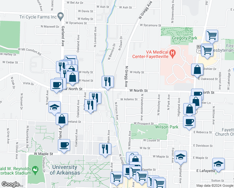 map of restaurants, bars, coffee shops, grocery stores, and more near 626 West Adams Street in Fayetteville