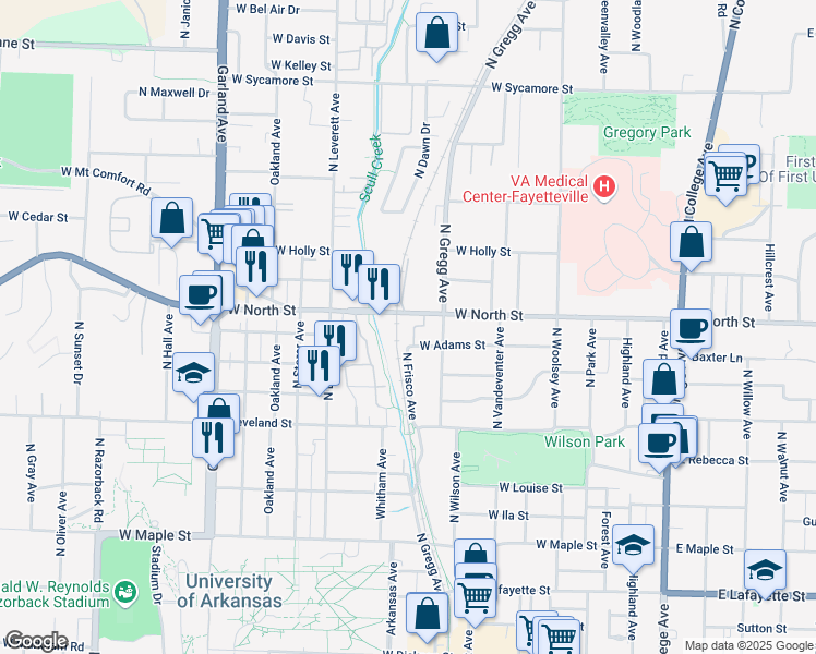 map of restaurants, bars, coffee shops, grocery stores, and more near Scull Creek Trail in Fayetteville