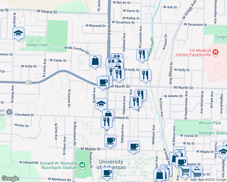 map of restaurants, bars, coffee shops, grocery stores, and more near 915 North Lindell Avenue in Fayetteville