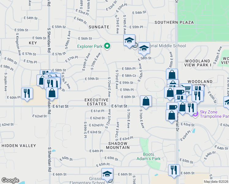 map of restaurants, bars, coffee shops, grocery stores, and more near 5944 South 73rd East Avenue in Tulsa