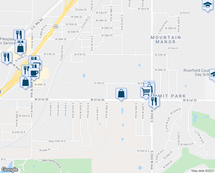 map of restaurants, bars, coffee shops, grocery stores, and more near 5921 South 39th West Avenue in Tulsa