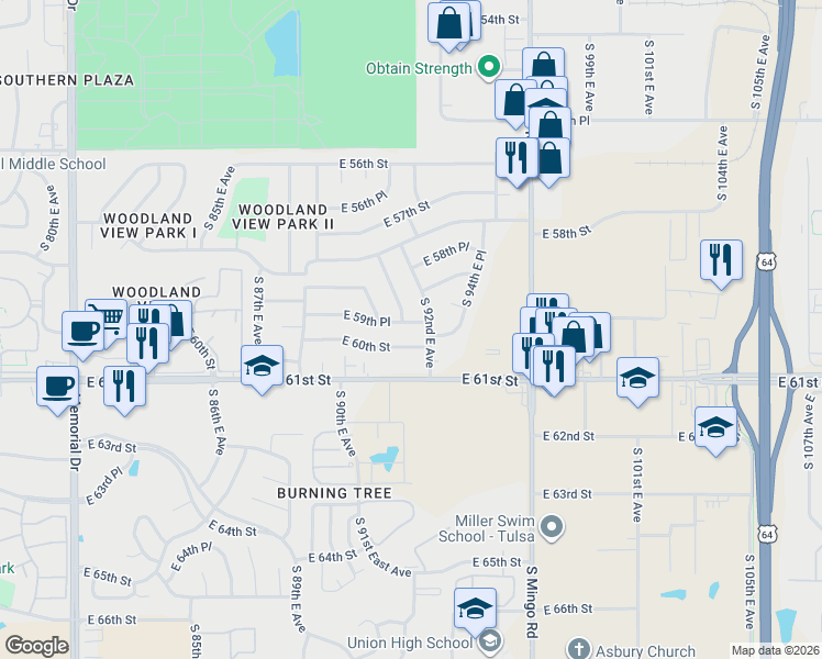 map of restaurants, bars, coffee shops, grocery stores, and more near 6005 South 92nd East Avenue in Tulsa