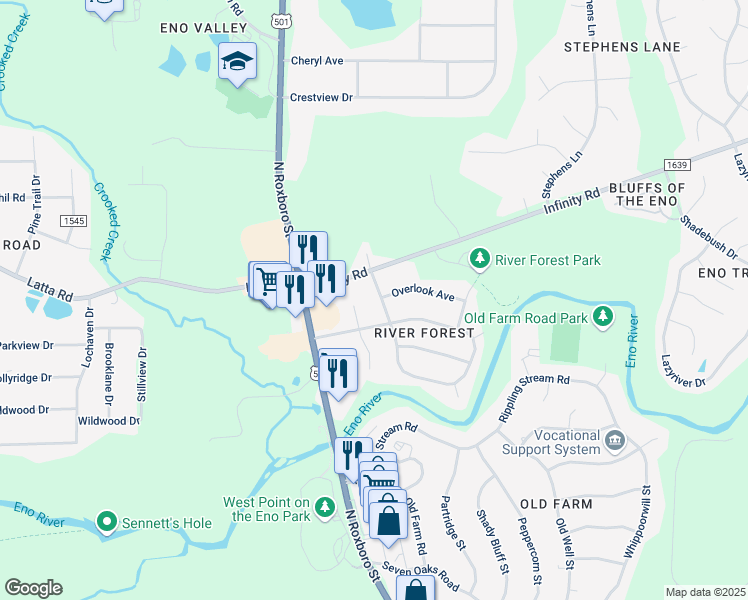 map of restaurants, bars, coffee shops, grocery stores, and more near 4913 High Meadow Road in Durham