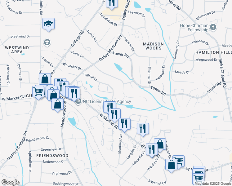 map of restaurants, bars, coffee shops, grocery stores, and more near 118 Village Lane in Greensboro