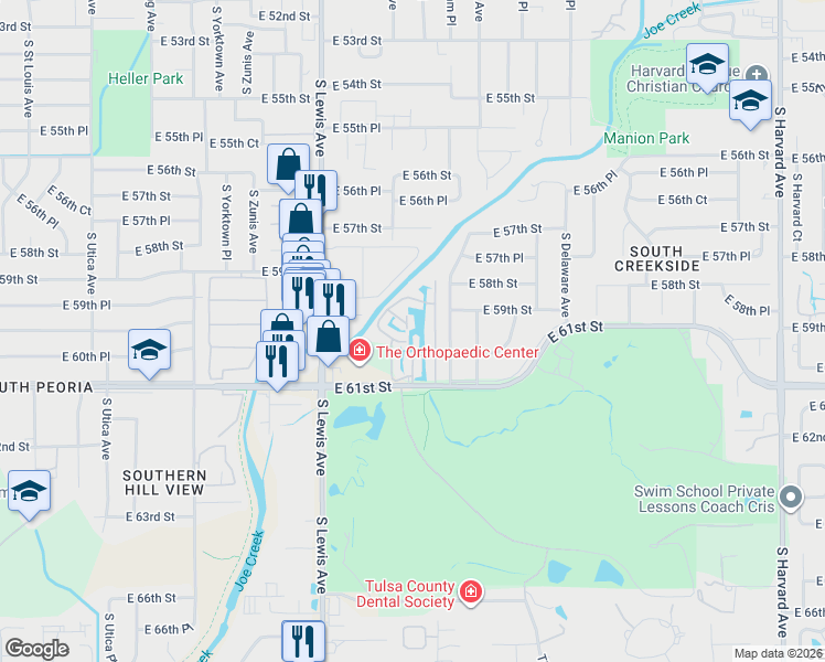 map of restaurants, bars, coffee shops, grocery stores, and more near 6005 South Atlanta Avenue in Tulsa