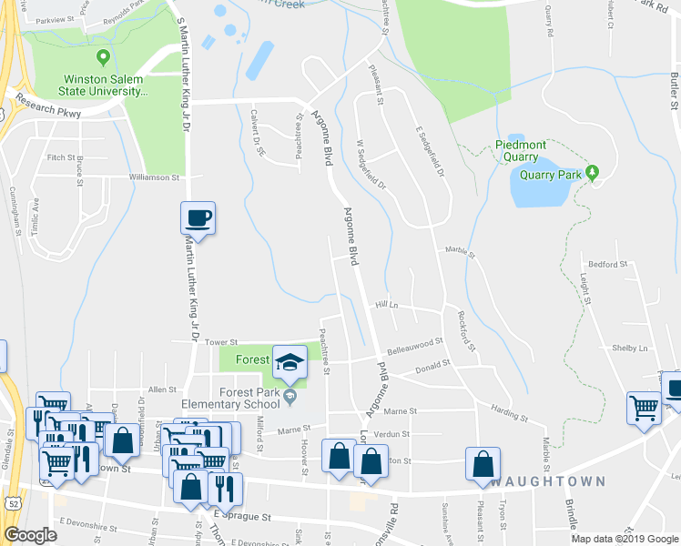 map of restaurants, bars, coffee shops, grocery stores, and more near 1521 Longview Drive in Winston-Salem